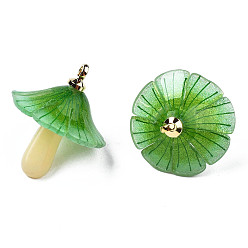 Sea Green Plastic Pendants, with Acrylic and Golden Plated Brass Loops, Mushroom, Sea Green, 18x15mm, Hole: 1.5mm