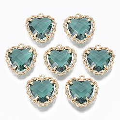 Medium Turquoise Glass Pendants, with Brass Open Back Settings, Faceted, Heart, Light Gold, Medium Turquoise, 18x16~17x5.5mm, Hole: 1.2mm