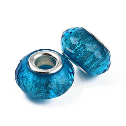 Deep Sky Blue Resin European Beads, Large Hole Beads, with Silver Color Plated Brass Cores, Faceted, Rondelle, Large Hole Beads, Deep Sky Blue, 13.5~14.5x9mm, Hole: 5mm