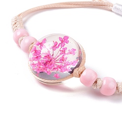 Fuchsia Handmade Dry Pressed Flower Link Bracelet for Girl Women, Babysbreath Glass Cover Beads Adjustable Bracelet, Fuchsia, Inner Diameter: 5/8~ 3-1/8 inch(1.5~7.9cm)