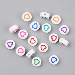 Mixed Color Opaque Acrylic Beads, with Enamel, Flat Round with Heart, Mixed Color, 7.5x3.5mm, Hole: 1.5mm, 3650pcs/500g