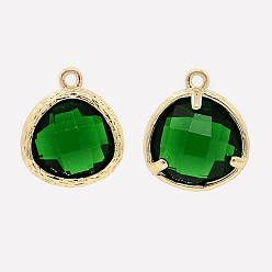 Green Real 18K Gold Plated Brass Glass Pendants, Faceted Triangle Charms, Green, 16x13x6mm, Hole: 1mm