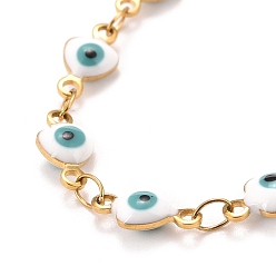 Blanc Coeur en émail avec bracelet chaînes à maillons mauvais œil, placage sous vide 304 bijoux en acier inoxydable pour femmes, or, blanc, 6-3/4 pouce (17.1 cm)