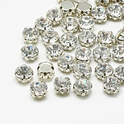 Crystal Sew on Rhinestone, Glass Rhinestone, Montee Beads, with Brass Prong Settings, Garments Accessories, Flat Round, Platinum, Crystal, 8x6mm, Hole: 1mm, about 144pcs/gross