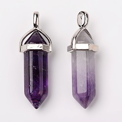 Amethyst Natural Amethyst Double Terminated Pointed Pendants, with Random Alloy Pendant Hexagon Bead Cap Bails, Bullet, Platinum, 37~40x12mm, Hole: 3mm