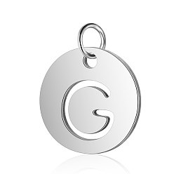 Letter G 304 Stainless Steel Charms, Flat Round with Letter, Stainless Steel Color, Letter.G, 12x1mm, Hole: 2.5mm