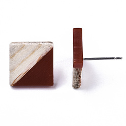 Coconut Brown Opaque Resin & Wood Stud Earrings, with 304 Stainless Steel Pin, Rhombus, Coconut Brown, 17x18mm, Pin: 0.7mm