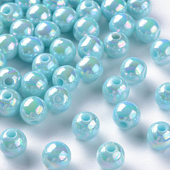 Sky Blue Opaque Acrylic Beads, AB Color Plated, Round, Sky Blue, 8x7mm, Hole: 2mm, about 1745pcs/500g