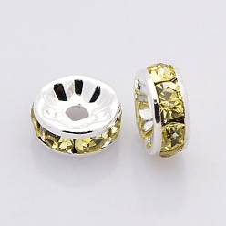 Jonquil Rondelle Silver Brass Grade A Rhinestone Spacer Beads, Straight Flange, Jonquil, 6x3mm, Hole: 1mm