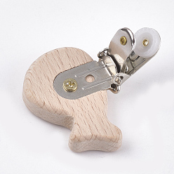 BurlyWood Beech Wood Baby Pacifier Holder Clips, with Iron Clips, Whale, Platinum, BurlyWood, 44x46x18mm, Hole: 3.5x6mm
