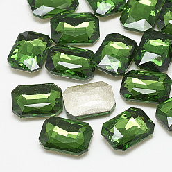 Emerald Pointed Back Glass Rhinestone Cabochons, Faceted, Rectangle Octagon, Emerald, 14x10x4mm