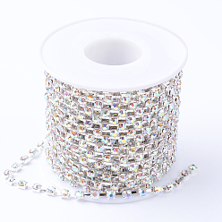 Crystal AB Brass Rhinestone Strass Chains, with Spool, Rhinestone Cup Chains, Silver Color Plated, Crystal AB, 2mm, about 10yards/roll