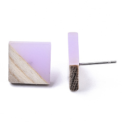 Plum Opaque Resin & Wood Stud Earrings, with 304 Stainless Steel Pin, Rhombus, Plum, 17x18mm, Pin: 0.7mm