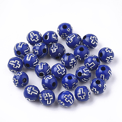 Blue Plating Acrylic Beads, Silver Metal Enlaced, Round with Cross, Blue, 8mm, Hole: 2mm, about 1800pcs/500g