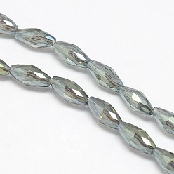 Dark Olive Green Electroplate Crystal Glass Rice Beads Strands, Faceted, Rainbow Color Plated, Dark Olive Green, 4x9mm, Hole: 1mm, about 58pcs/strand, 20.4 inch