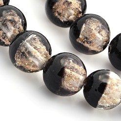 Black Handmade Two Tone Gold Sand Lampwork Round Beads Strands, Black, 12mm, Hole: 1.6~2mm, about 33pcs/strand, 15.7 inch