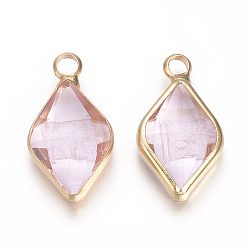 Pearl Pink Glass Pendants, with Brass Findings, Faceted, Rhombus, Nickel Free, Raw(Unplated), Pearl Pink, 18x10x4.5mm, Hole: 2mm