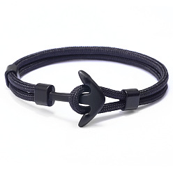 Black Polyester Cord Multi-strand Bracelets, with Alloy Anchor Clasps, Gunmetal, Black, 21cm