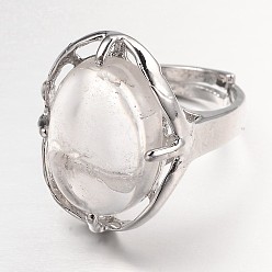 Quartz Crystal Adjustable Oval Gemstone Wide Band Rings, with Platinum Tone Brass Findings, US Size 7 1/4(17.5mm)