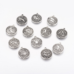 Constellation Tibetan Style Alloy Pendants, Flat Round with Constellation/Zodiac Sign, Antique Silver, Mixed, 19x16x2mm, Hole: 1.5mm