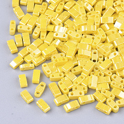 Gold 2-Hole Opaque Glass Seed Beads, Lustered, Rectangle, Gold, 4.5~5.5x2x2~2.5mm, Hole: 0.5~0.8mm