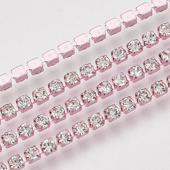 Pink Electrophoresis Iron Rhinestone Strass Chains, Crystal Rhinestone Cup Chains, with Spool, Pink, SS8.5 Rhinestone, 2.4~2.5mm, about 10yards/roll