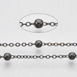 Черный Цвет Металла Железные кабельные цепи с латунным покрытием, спутниковые сети, С латунными круглыми бусами, пайки, с катушкой, Плоско-овальные, металлический черный , 2.2x1.7x0.7 мм, около 39.37 футов (12 м) / рулон