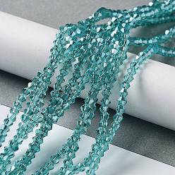 Cyan Electroplate Glass Beads Strands, Half Golden Plated, Faceted, Bicone, Cyan, 3x3mm, Hole: 1mm, about 128~135pcs/strand, 13.8 inch