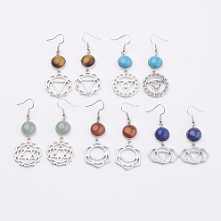 Mixed Stone Natural Gemstone Dangle Earrings, with Brass Findings, 38~46mm, pin: 0.8mm