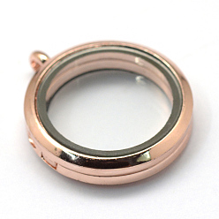 Rose Gold Flat Round Alloy Glass Magnetic Photo Frame Living Memory Floating Locket Pendants, Cadmium Free & Lead Free, Rose Gold, 35.5x30x8mm, Hole: 3.5mm, Inner Measure: 23mm