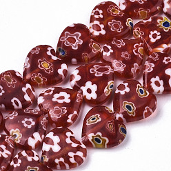 Brique Rouge Brins de perles au chalumeau fait main millefiori, cœur, firebrick, 11~12x12x4~5mm, Trou: 1mm, Environ 32~33 pcs/chapelet, 12.72 pouces ~ 13.78 pouces (32.3~35 cm)