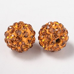 Topazee Perles de boule pave disco , Perles de strass d'argile polymère , ronde, topaze, pp 13 (1.9~2 mm), 6 rangées de strass, 10 mm, Trou: 1.5mm