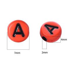 Mixed Color Craft Mixed Color Acrylic Beads, Flat Round with Black Letter, Mixed Color, 6~7x3.5~4mm, Hole: 2mm, about 100pcs/bag
