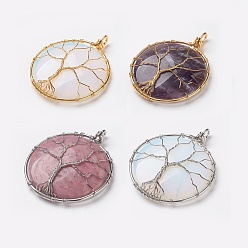 Mixed Stone Brass Natural & Synthetic Mixed Stone Big Pendants, Flat Round with Tree of Life, 53~57x44~45x9~13mm, Hole: 3x5~6mm