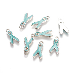 Pale Green Alloy Enamel Pendants, Lead Free and Cadmium Free, Awareness Ribbon, Platinum Metal Color, Pale Green, 19x8x1mm, Hole: 2mm