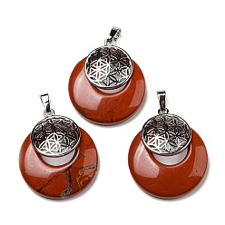 Red Jasper Natural Red Jasper Pendants, Spiritual Charms, with Platinum Tone Brass Findings, Flat Round with Flower of Life/Sacred Geometry, 32~32.5x28~30x7~7.5mm, Hole: 5x8mm