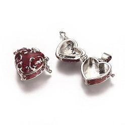 Platinum Heart Brass Enamel Prayer Box Pendants, Lead Free and Nickel Free, Dark Red, Platinum, 18.7x21x10mm, Hole: 4mm