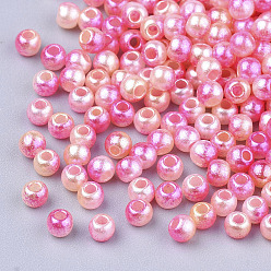 Hot Pink Rainbow ABS Plastic Imitation Pearl Beads, Gradient Mermaid Pearl Beads, Round, Hot Pink, 9.5~10x9mm, Hole: 1.6mm, about 1000pcs/500g