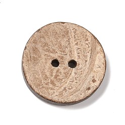 Camel 2-Hole Coconut Buttons, Flat Round with Leaf Vein Pattern, Camel, 25x4.5mm, Hole: 2mm