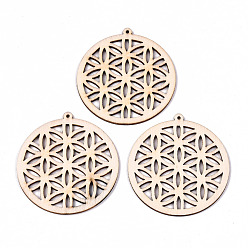 Antique White Undyed Natural Hollow Wooden Big Pendants, Laser Cut Shapes, Flat Round with Flower, Antique White, 63.5x59.5x2mm, Hole: 1.6mm