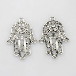 Antique Silver Tibetan Style Alloy Pendants, Cadmium Free & Nickel Free & Lead Free, Hamsa Hand/Hand of Fatima/Hand of Miriam, Antique Silver, 33x23x1mm, Hole: 2mm