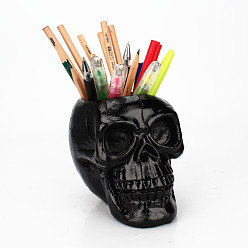 Noir Porte-stylos tête de mort en résine, organisateur de porte-pinceaux de maquillage, thème de l'Halloween, noir, 150x110x110mm