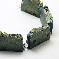 Green Plated Electroplated Natural Druzy Crystal Beads Strands, Flat Slab Beads, Nuggets, Dyed, Green Plated, 35~37x23~42x8~9mm, Hole: 2~2.5mm, about 5pcs/strand, 8.07 inch~8.26 inch (20.5~21cm)