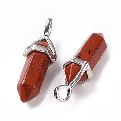 Red Jasper Natural Red Jasper Pendants, Faceted, with Platinum Tone Brass Findings, Lead free & Cadmium Free, Bullet, 27~30x9~10x7~8mm, Hole: 4x3mm