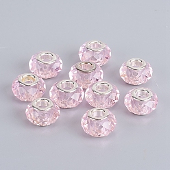 Pink Faceted Glass European Beads, Large Hole Beads, with Silver Tone Brass Core, Rondelle, Pink, 13.5~14x8.5~9mm, Hole: 5mm
