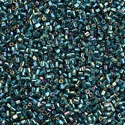 Teal Glass Bugle Beads, Silver Lined Colours Rainbow, Teal, 2.5~3x2mm, Hole: 0.9mm, about 15000pcs/pound