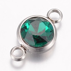 Emerald K9 Glass Links connectors, Faceted, with 304 Stainless Steel Findings, Flat Round, Stainless Steel Color, Emerald, 17.5x10x6.5mm, Hole: 2.5mm