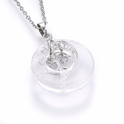 Quartz Crystal Natural Quartz Crystal Pendant Necklaces, with 304 Stainless Steel Findings, Flat Round with Tree, 19.68 inch(50cm), Pendant: 40x28x6mm
