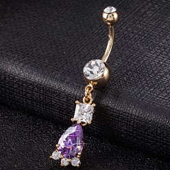 Purple Piercing Jewelry, Brass Cubic Zirconia Navel Ring, Belly Rings, with 304 Stainless Steel Bar, Cadmium Free & Lead Free, Real 18K Gold Plated, teardrop, Purple, 48x9mm, Bar Length: 3/8"(10mm), Bar: 14 Gauge(1.6mm)