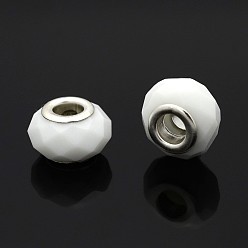 White Faceted Glass European Beads, Large Hole Rondelle Beads, with Silver Tone Brass Cores, White, 14x9mm, Hole: 5mm